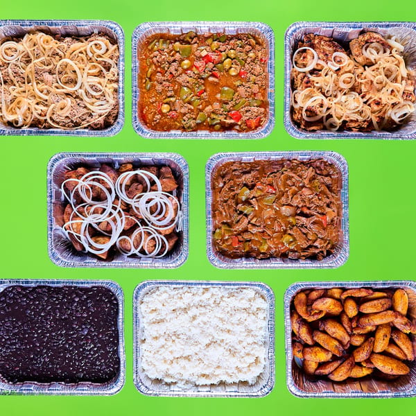 Nine aluminum trays filled with various Mexican dishes, including meats, rice, beans, and plantains.