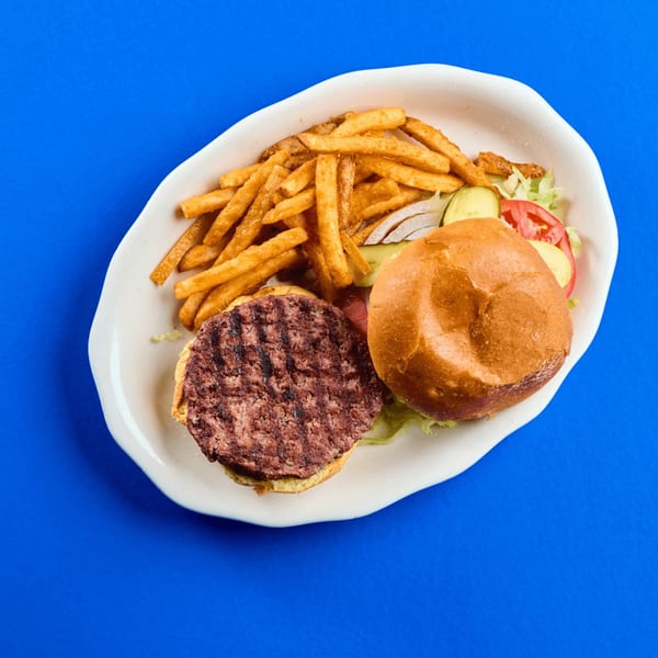 Grilled hamburger with fries, lettuce, tomato, onion, and pickles on a white plate.